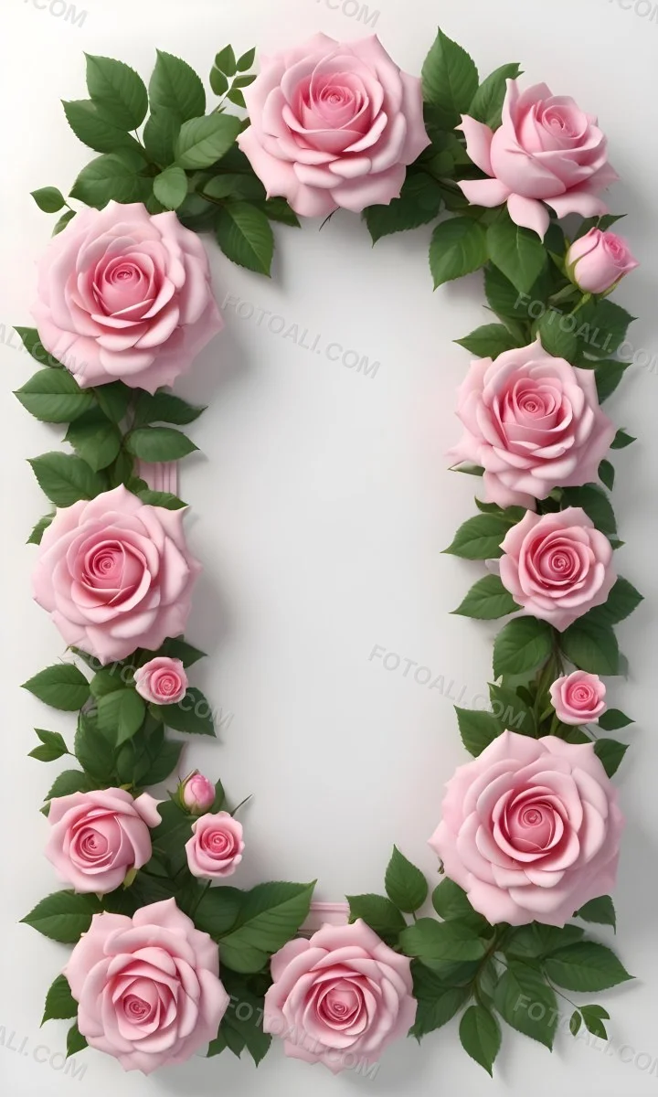 Digital Painting A Floral Frame With Large Pink Roses Green Leaves And Delicate Pink Flowers Along The Edges Of A White Background Bold And Slim Lines Brush Strokes 4 84c9