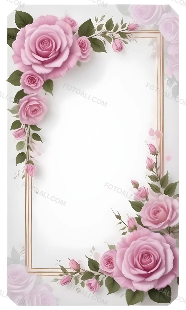 Digital Painting A Floral Frame With Large Pink Roses Green Leaves And Delicate Pink Flowers Along The Edges Of A White Background Bold And Slim Lines Brush Strokes 40 C59e