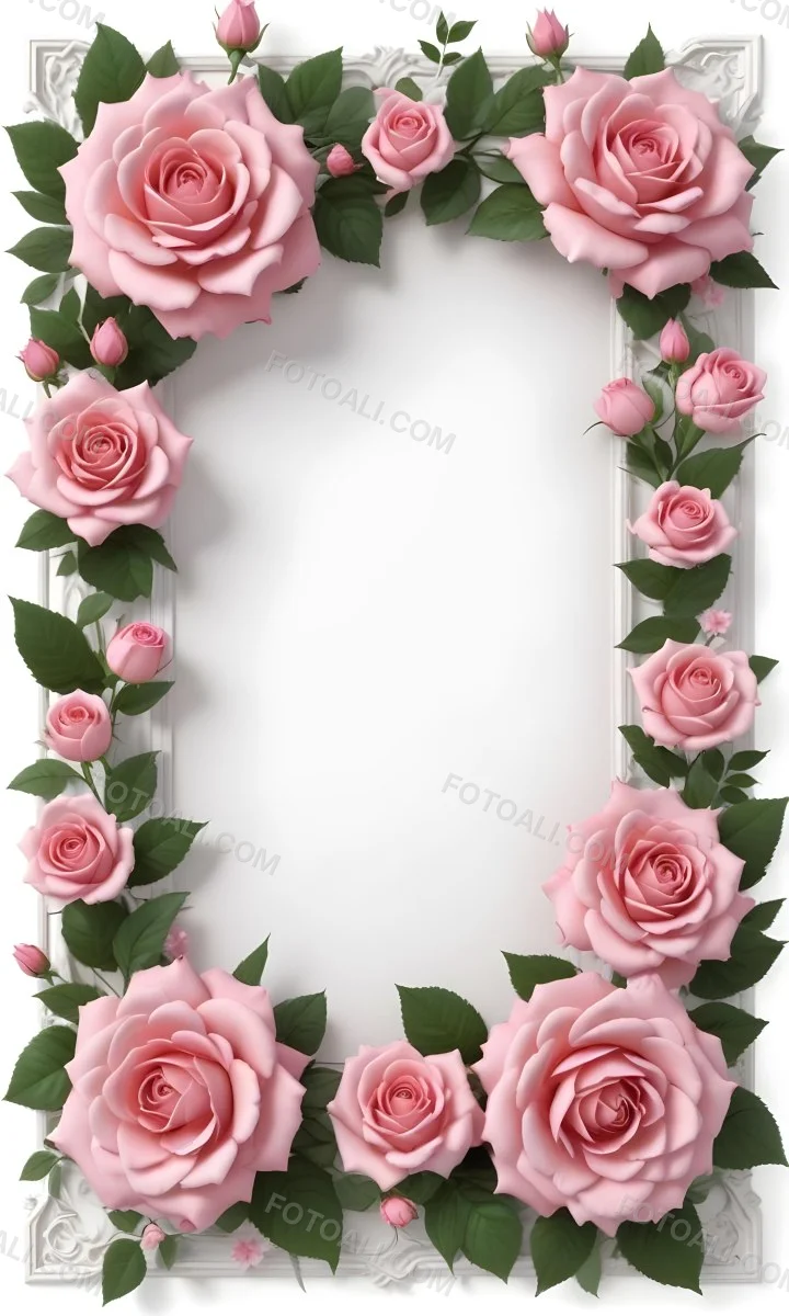 Digital Painting A Floral Frame With Large Pink Roses Green Leaves And Delicate Pink Flowers Along The Edges Of A White Background Bold And Slim Lines Brush Strokes 6 A62b