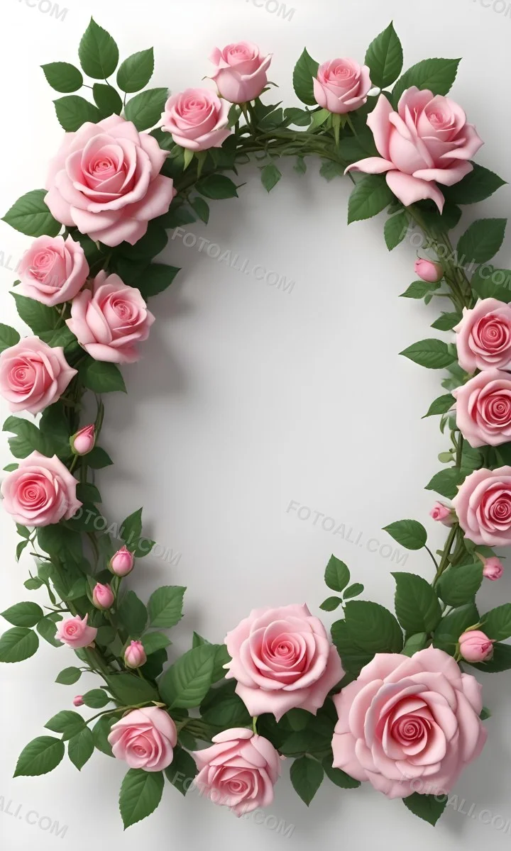 Digital Painting A Floral Frame With Large Pink Roses Green Leaves And Delicate Pink Flowers Along The Edges Of A White Background Bold And Slim Lines Brush Strokes 7 279d
