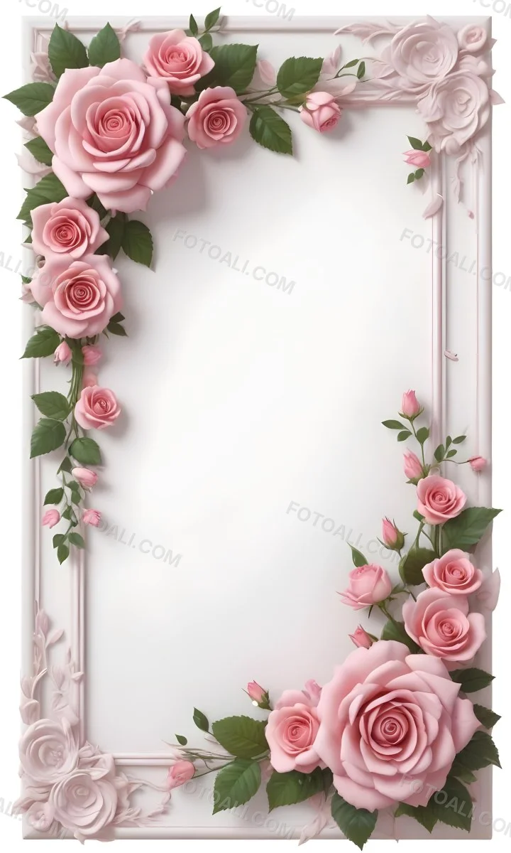 Digital Painting A Floral Frame With Large Pink Roses Green Leaves And Delicate Pink Flowers Along The Edges Of A White Background Bold And Slim Lines Brush Strokes 8 288e