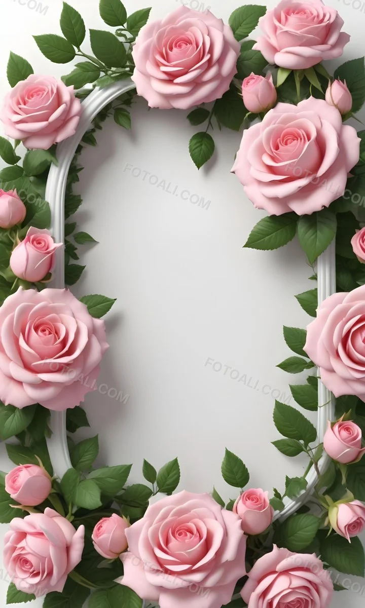Digital Painting A Floral Frame With Large Pink Roses Green Leaves And Delicate Pink Flowers Along The Edges Of A White Background Bold And Slim Lines Brush Strokes 9 459d
