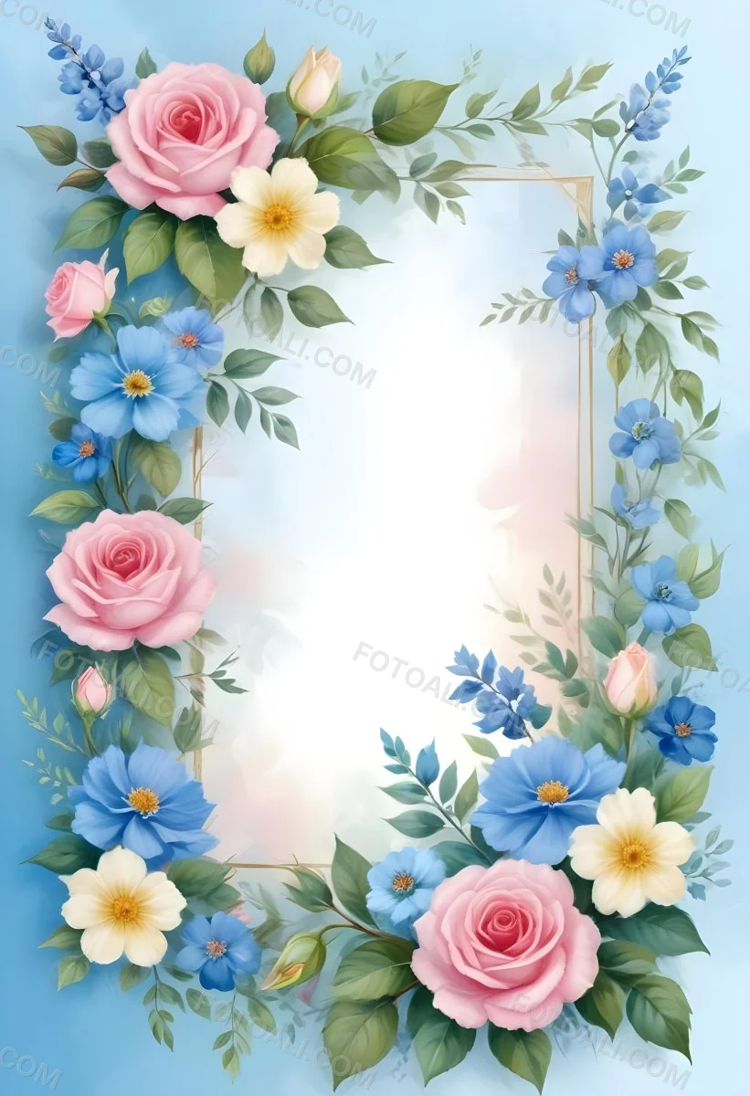 Digital Painting A Floral Frame With Pink Roses Blue Flowers And Green Leaves On A Light Blue Background Bold And Slim Lines Brush Strokes 11 2361