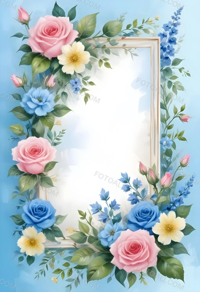 Digital Painting A Floral Frame With Pink Roses Blue Flowers And Green Leaves On A Light Blue Background Bold And Slim Lines Brush Strokes 17 9aac