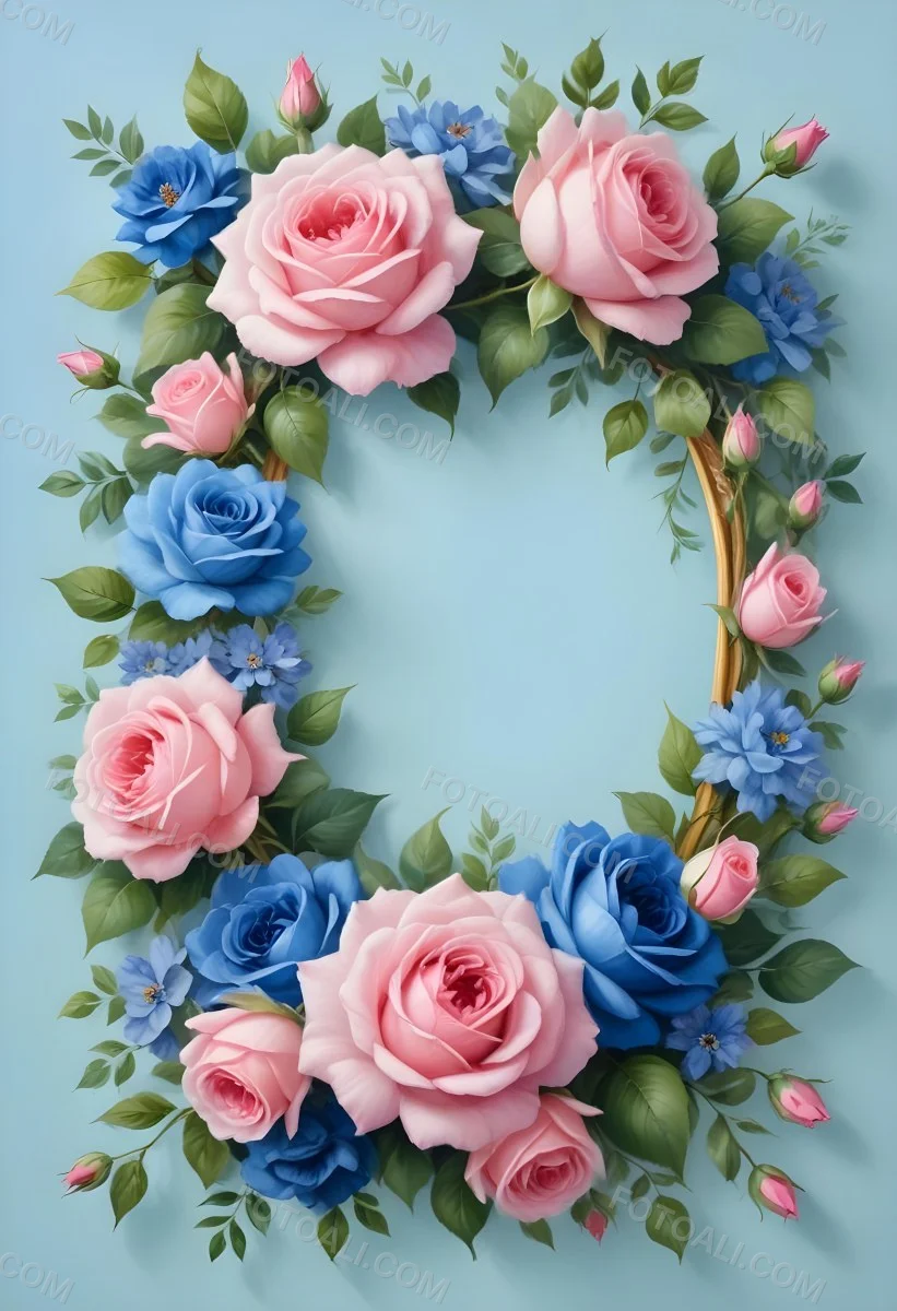 Digital Painting A Floral Frame With Pink Roses Blue Flowers And Green Leaves On A Light Blue Background Bold And Slim Lines Brush Strokes 21 884a