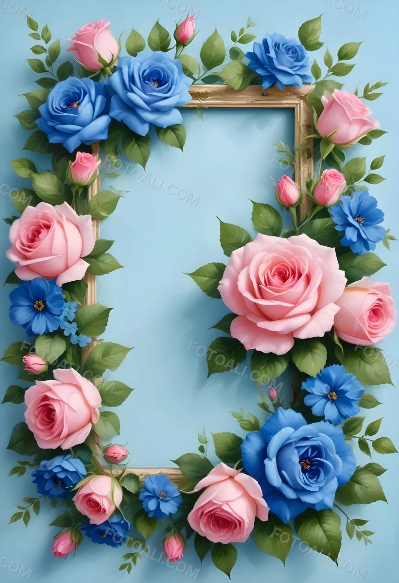 Digital Painting A Floral Frame With Pink Roses Blue Flowers And Green Leaves On A Light Blue Background Bold And Slim Lines Brush Strokes 22 Ef2a