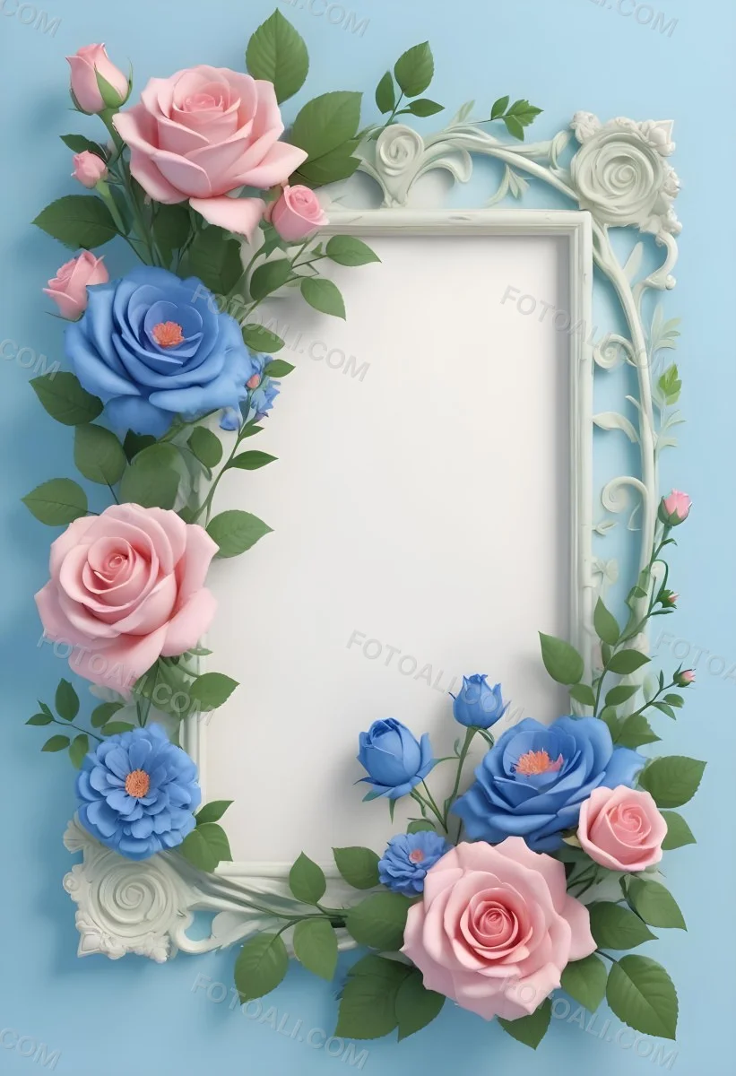 Digital Painting A Floral Frame With Pink Roses Blue Flowers And Green Leaves On A Light Blue Background Bold And Slim Lines Brush Strokes 31 F40e