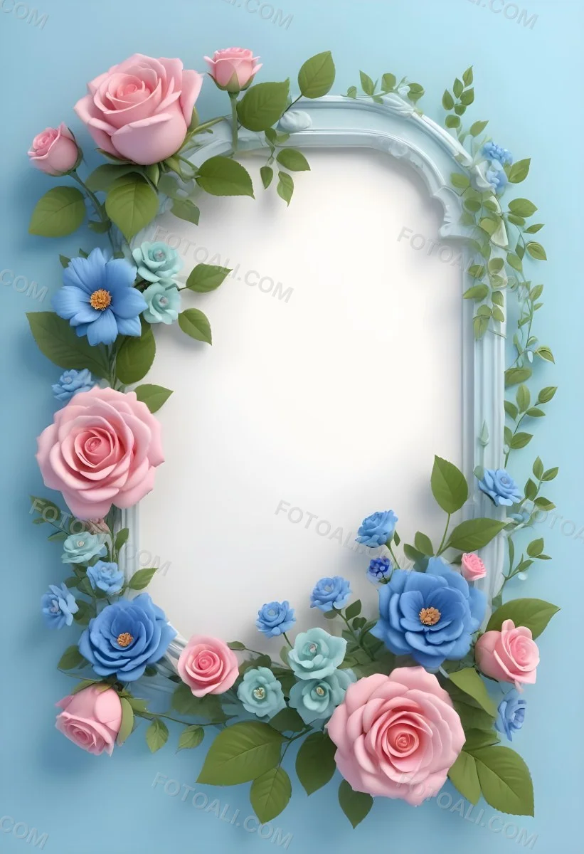 Digital Painting A Floral Frame With Pink Roses Blue Flowers And Green Leaves On A Light Blue Background Bold And Slim Lines Brush Strokes 36 Fa58