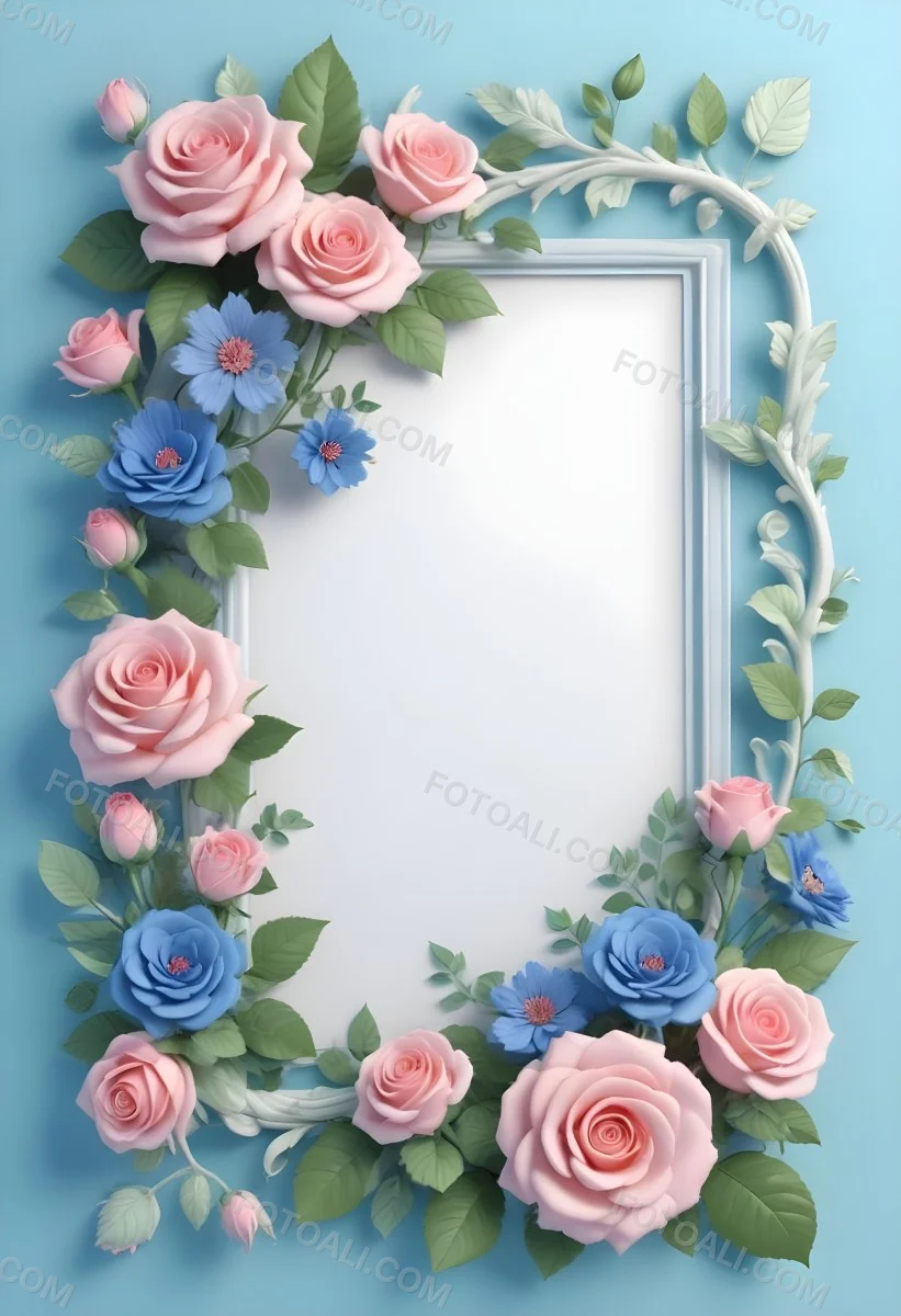 Digital Painting A Floral Frame With Pink Roses Blue Flowers And Green Leaves On A Light Blue Background Bold And Slim Lines Brush Strokes 40 5ae5