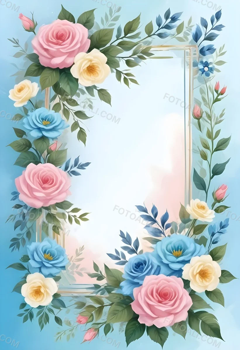 Digital Painting A Floral Frame With Pink Roses Blue Flowers And Green Leaves On A Light Blue Background Bold And Slim Lines Brush Strokes 43 C135