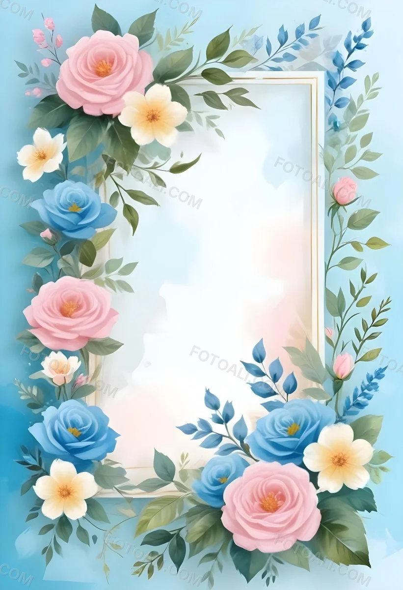 Digital Painting A Floral Frame With Pink Roses Blue Flowers And Green Leaves On A Light Blue Background Bold And Slim Lines Brush Strokes 46 Fe14