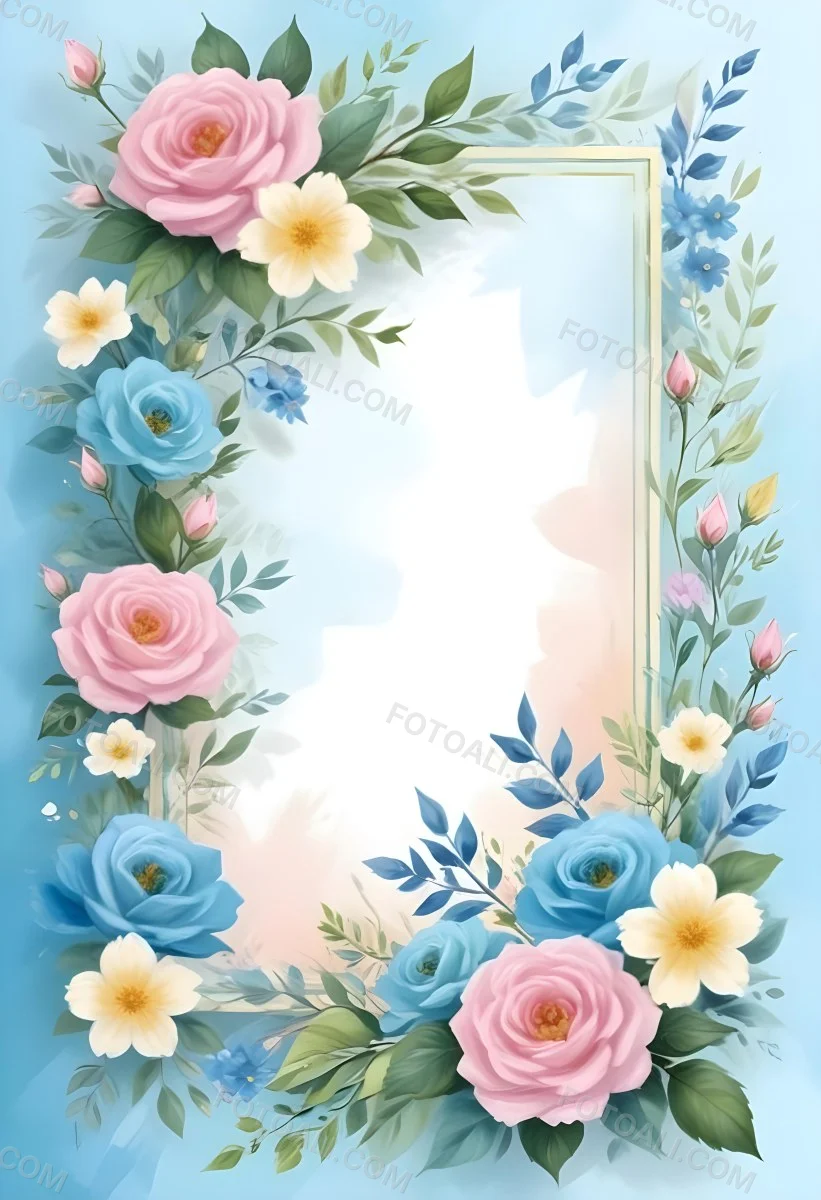 Digital Painting A Floral Frame With Pink Roses Blue Flowers And Green Leaves On A Light Blue Background Bold And Slim Lines Brush Strokes 47 Cb30