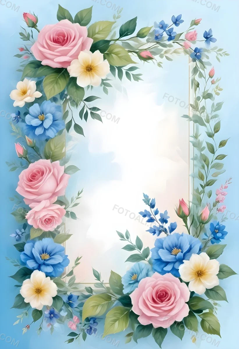 Digital Painting A Floral Frame With Pink Roses Blue Flowers And Green Leaves On A Light Blue Background Bold And Slim Lines Brush Strokes 6 A5bb