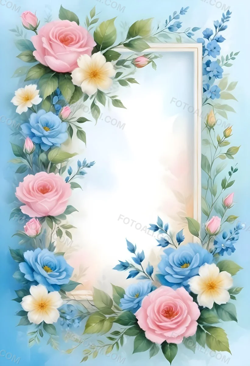 Digital Painting A Floral Frame With Pink Roses Blue Flowers And Green Leaves On A Light Blue Background Bold And Slim Lines Brush Strokes 9 C2f7