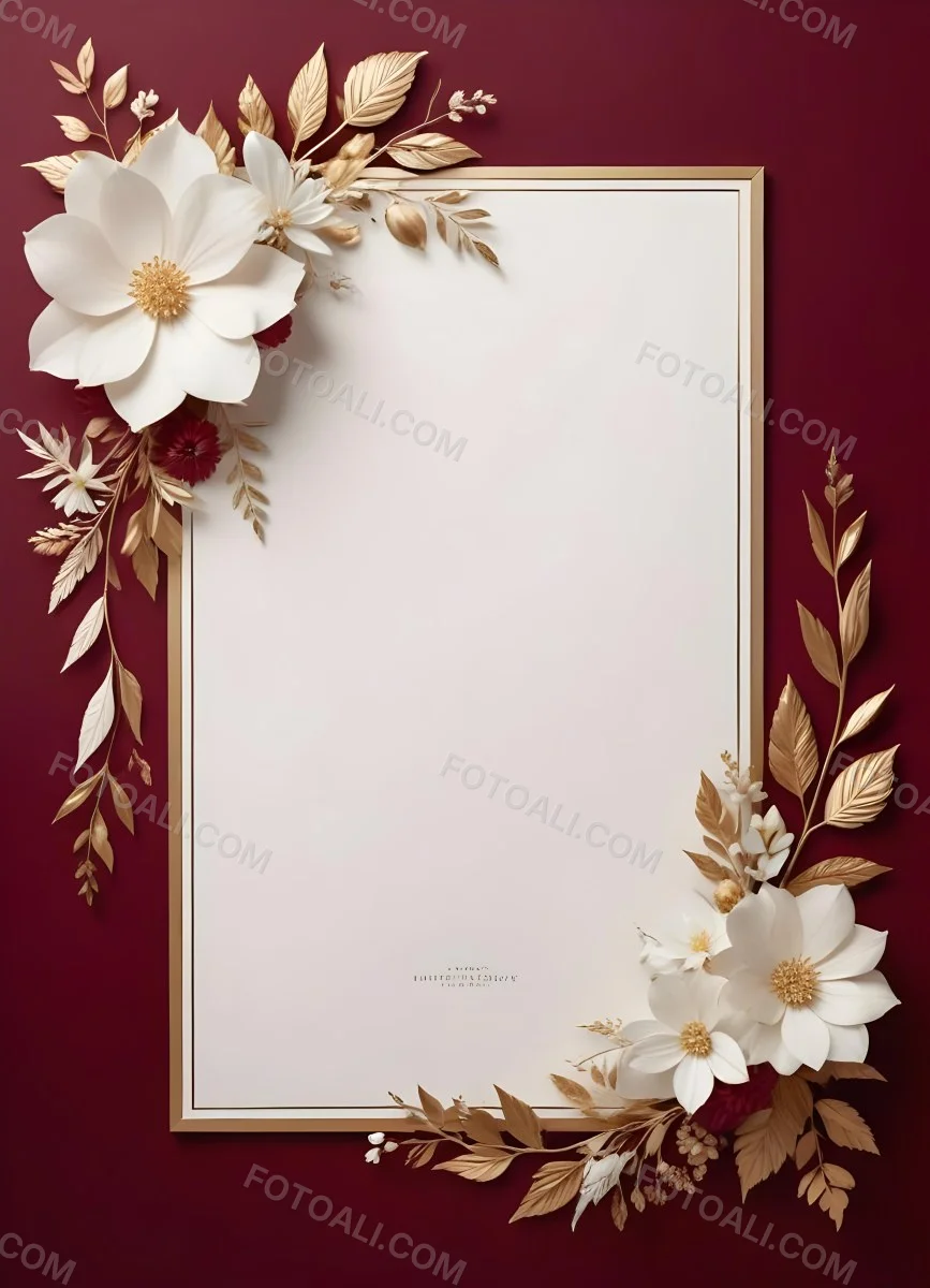 Digital Painting A Floral Frame With White Flowers Leaves And Gold Accents On A Burgundy Background Bold And Slim Lines Brush Strokes 10 97b2