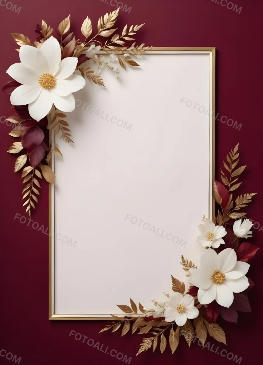 Digital Painting A Floral Frame With White Flowers Leaves And Gold Accents On A Burgundy Background Bold And Slim Lines Brush Strokes 16 535e