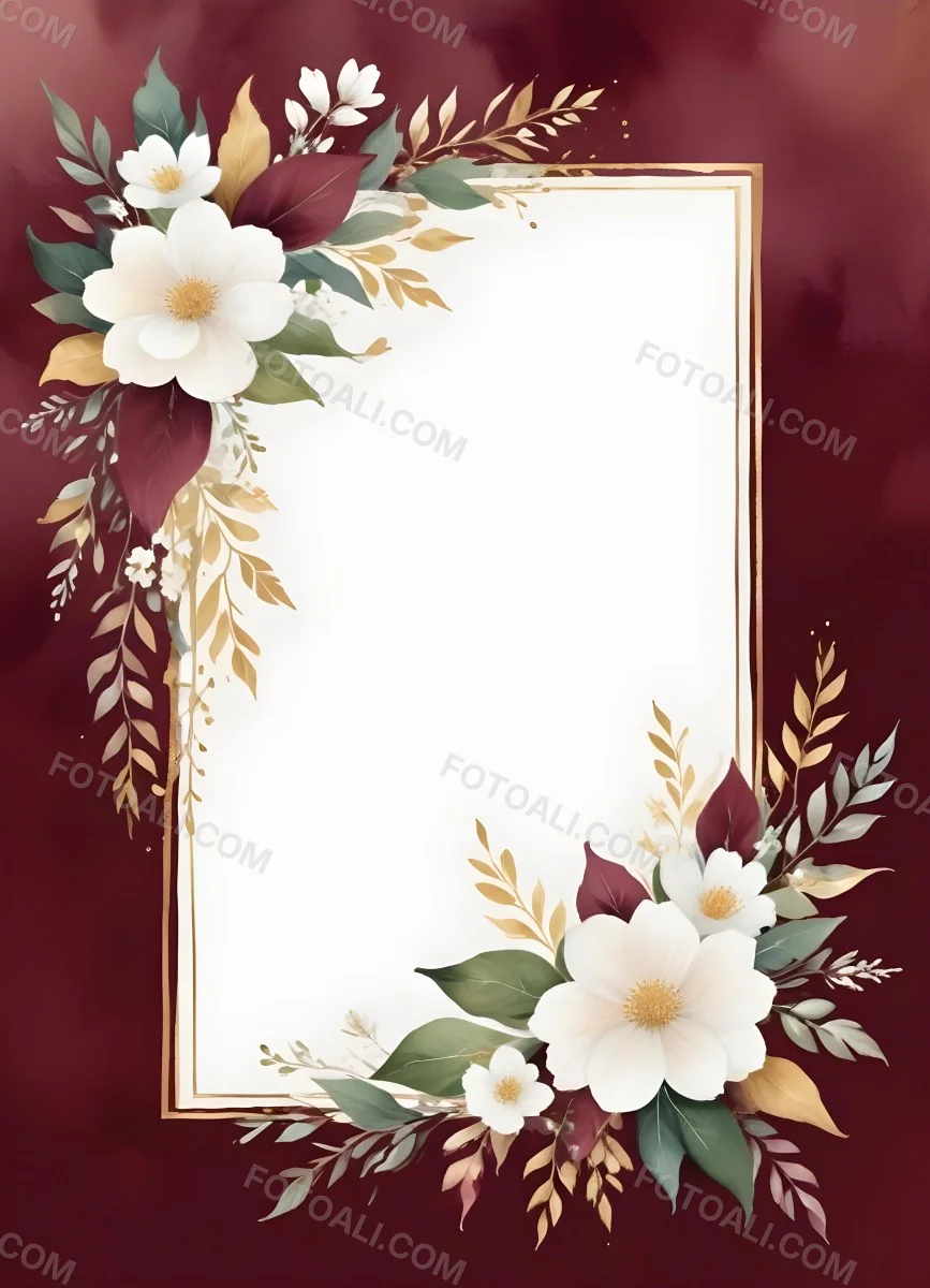 Digital Painting A Floral Frame With White Flowers Leaves And Gold Accents On A Burgundy Background Bold And Slim Lines Brush Strokes 2 8720