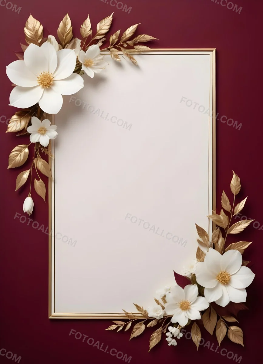 Digital Painting A Floral Frame With White Flowers Leaves And Gold Accents On A Burgundy Background Bold And Slim Lines Brush Strokes 25 B390