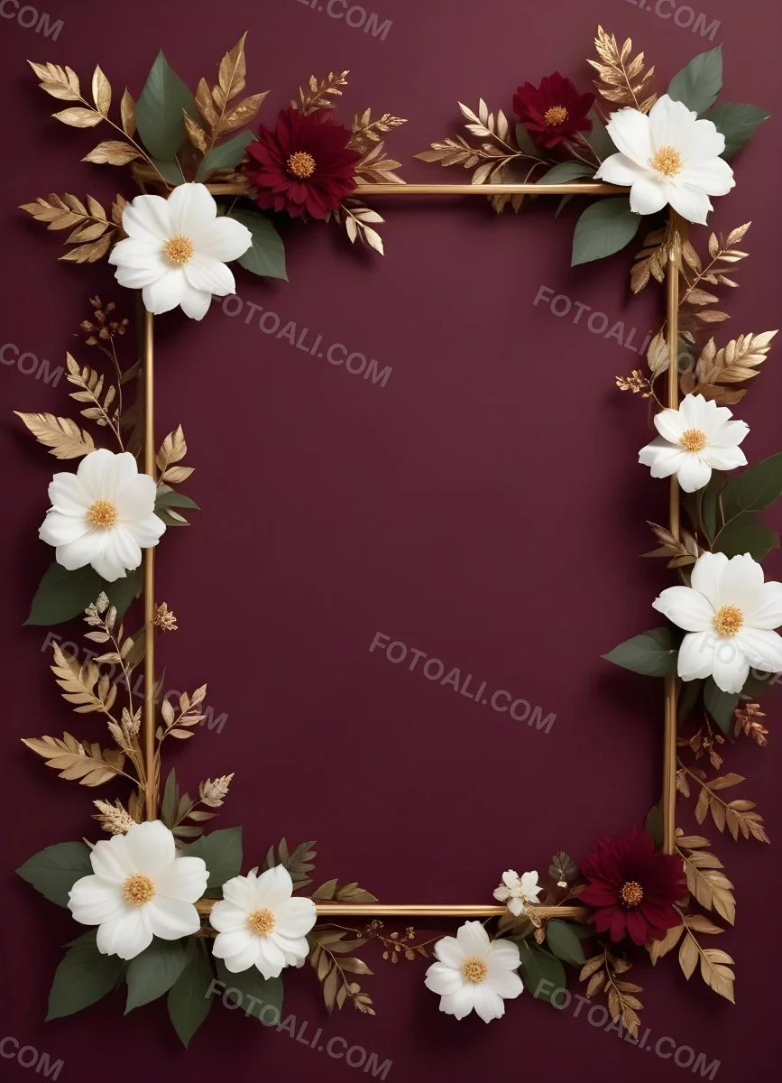 Digital Painting A Floral Frame With White Flowers Leaves And Gold Accents On A Burgundy Background Bold And Slim Lines Brush Strokes 26 2148