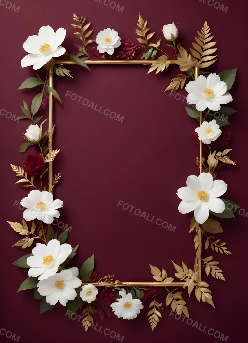 Digital Painting A Floral Frame With White Flowers Leaves And Gold Accents On A Burgundy Background Bold And Slim Lines Brush Strokes 29 D16f
