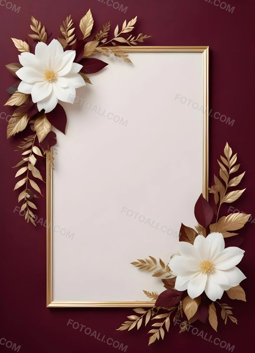 Digital Painting A Floral Frame With White Flowers Leaves And Gold Accents On A Burgundy Background Bold And Slim Lines Brush Strokes 30 C96e