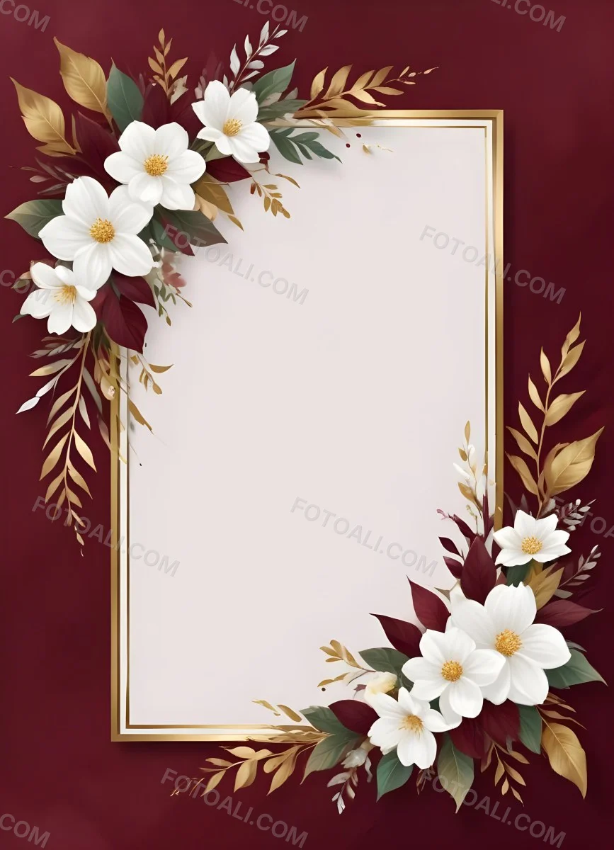 Digital Painting A Floral Frame With White Flowers Leaves And Gold Accents On A Burgundy Background Bold And Slim Lines Brush Strokes 35 1ae9