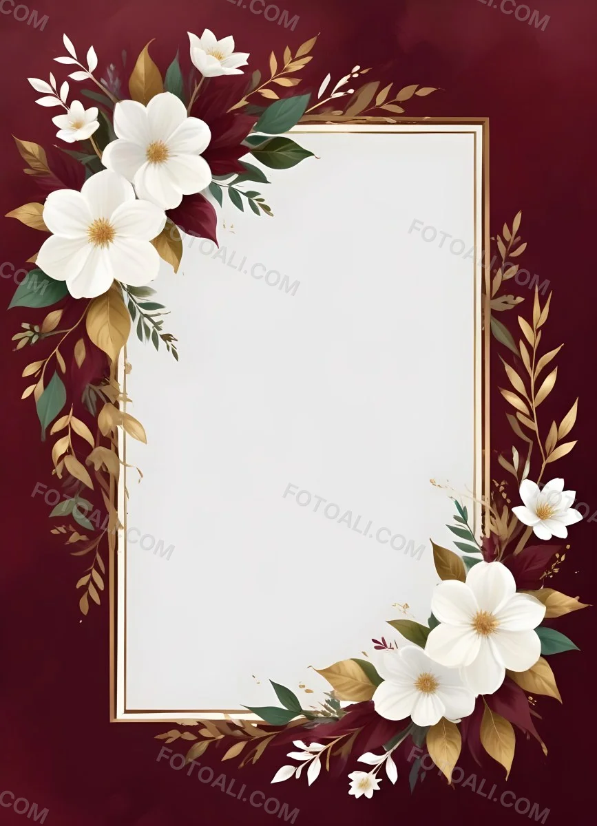 Digital Painting A Floral Frame With White Flowers Leaves And Gold Accents On A Burgundy Background Bold And Slim Lines Brush Strokes 39 B383