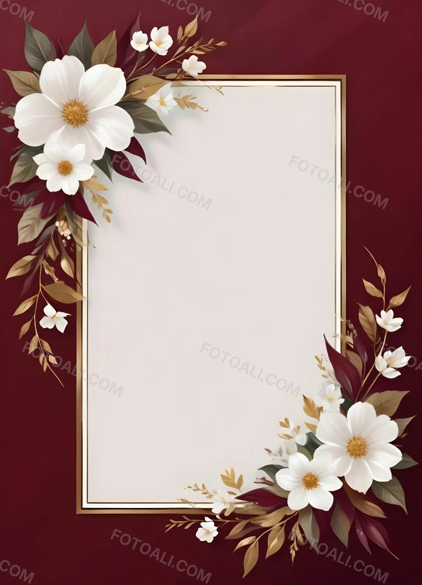 Digital Painting A Floral Frame With White Flowers Leaves And Gold Accents On A Burgundy Background Bold And Slim Lines Brush Strokes 41 881d