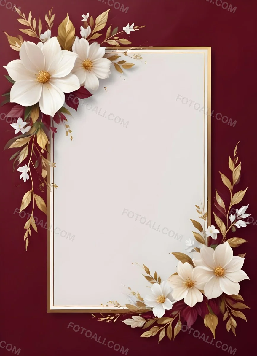Digital Painting A Floral Frame With White Flowers Leaves And Gold Accents On A Burgundy Background Bold And Slim Lines Brush Strokes 43 B5f3