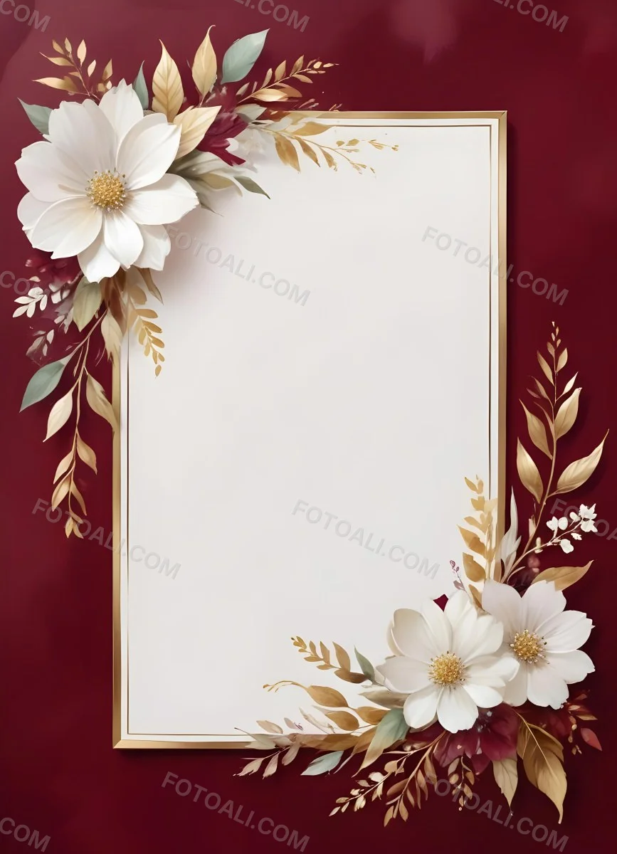 Digital Painting A Floral Frame With White Flowers Leaves And Gold Accents On A Burgundy Background Bold And Slim Lines Brush Strokes 52 1726
