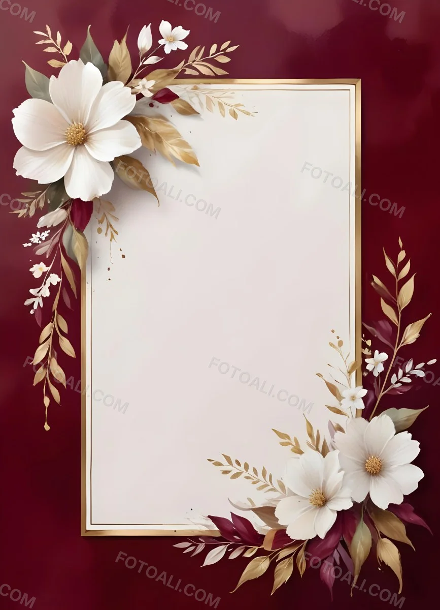 Digital Painting A Floral Frame With White Flowers Leaves And Gold Accents On A Burgundy Background Bold And Slim Lines Brush Strokes 6 7421