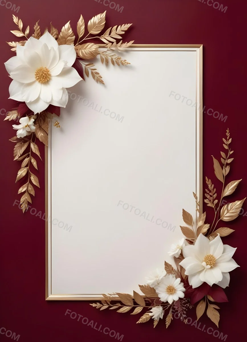 Digital Painting A Floral Frame With White Flowers Leaves And Gold Accents On A Burgundy Background Bold And Slim Lines Brush Strokes 8 79e4