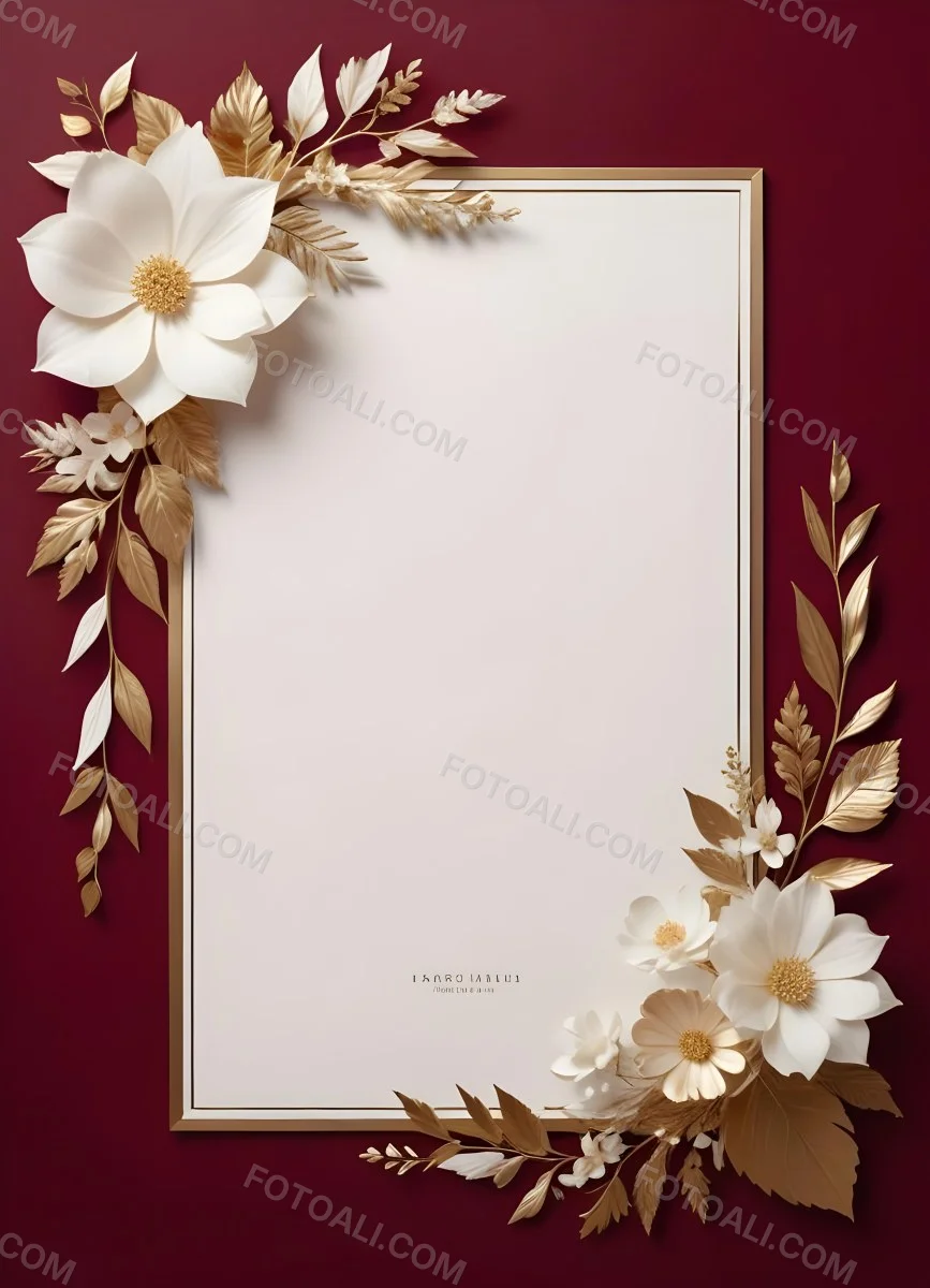 Digital Painting A Floral Frame With White Flowers Leaves And Gold Accents On A Burgundy Background Bold And Slim Lines Brush Strokes 9 3331