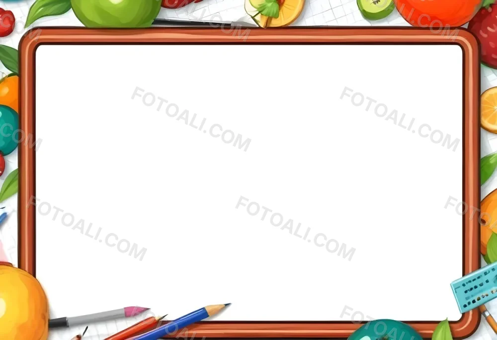 Digital Painting A Frame With Fruits And School Supplies On The Edges Bold And Slim Lines Brush Strokes 10 8bda