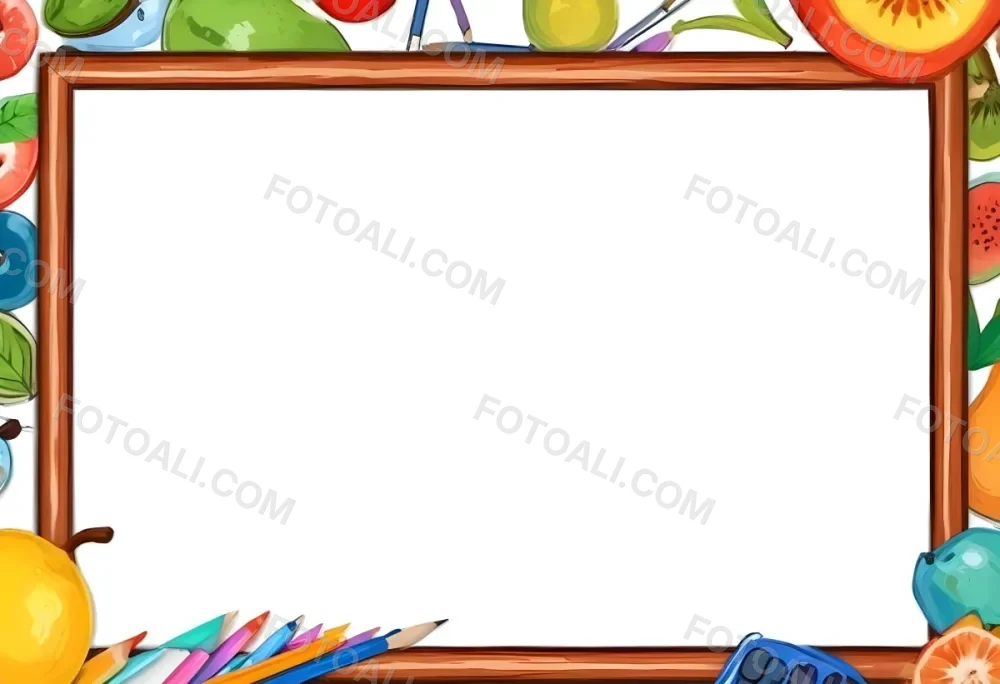 Digital Painting A Frame With Fruits And School Supplies On The Edges Bold And Slim Lines Brush Strokes 11 2f26