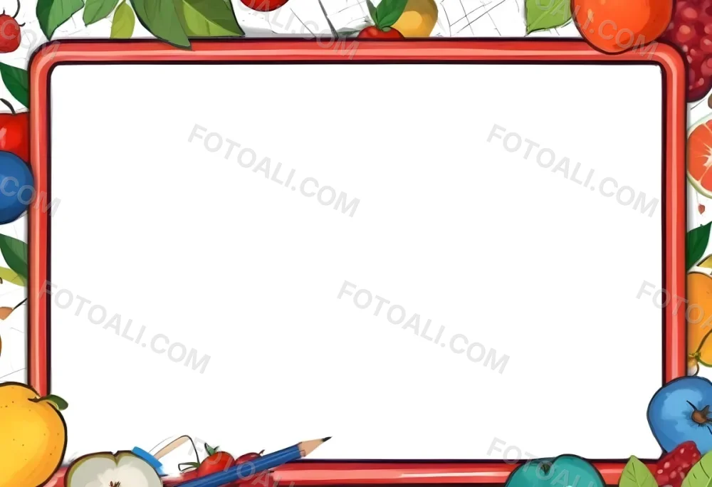 Digital Painting A Frame With Fruits And School Supplies On The Edges Bold And Slim Lines Brush Strokes 15 57a5