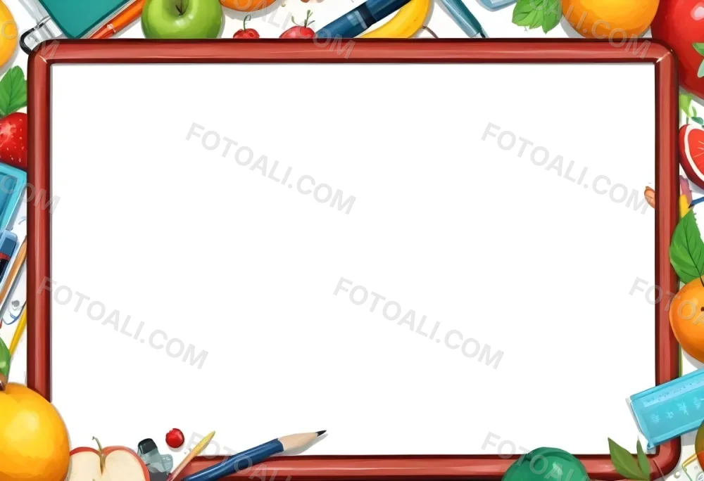 Digital Painting A Frame With Fruits And School Supplies On The Edges Bold And Slim Lines Brush Strokes 17 84ad