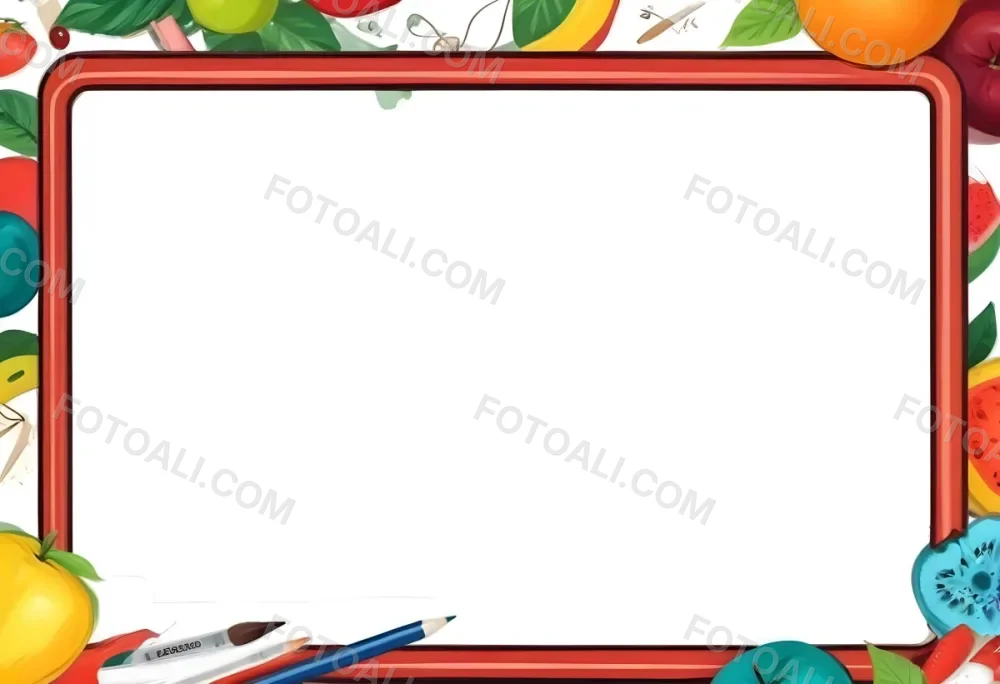 Digital Painting A Frame With Fruits And School Supplies On The Edges Bold And Slim Lines Brush Strokes 20 391d