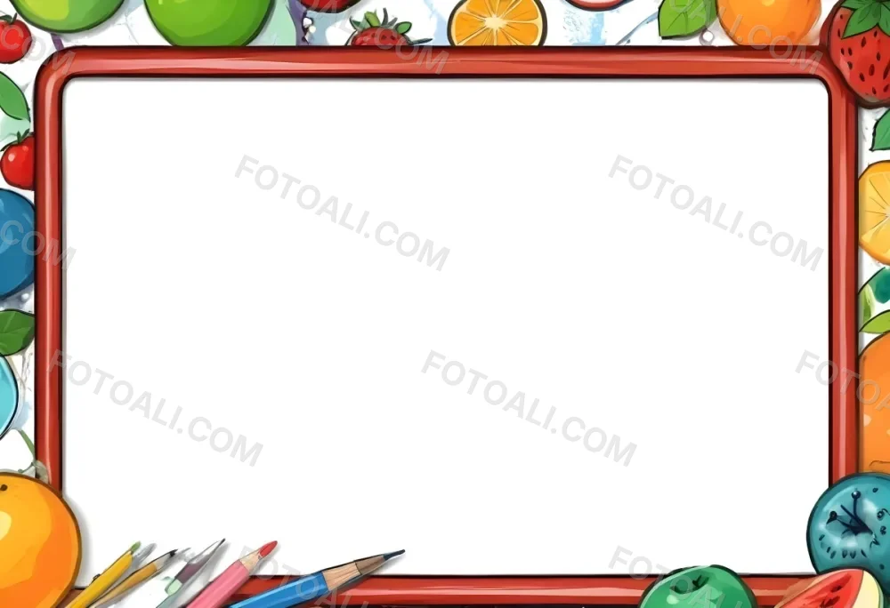 Digital Painting A Frame With Fruits And School Supplies On The Edges Bold And Slim Lines Brush Strokes 24 7550