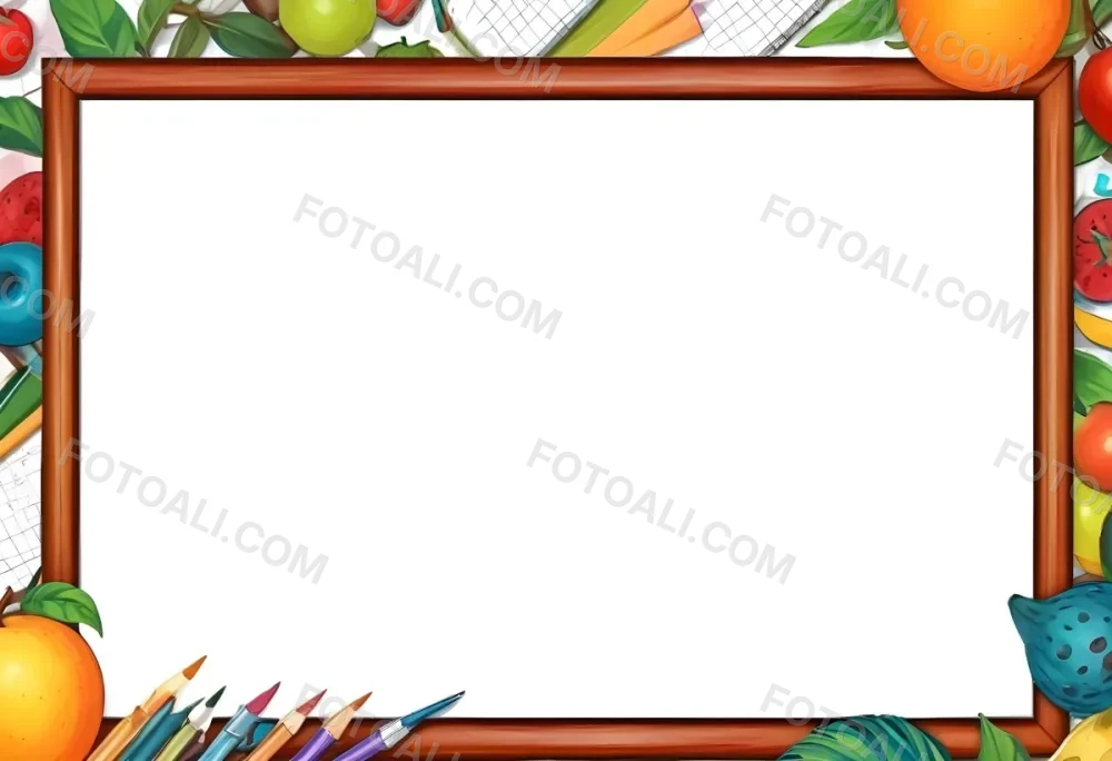 Digital Painting A Frame With Fruits And School Supplies On The Edges Bold And Slim Lines Brush Strokes 25 76f6