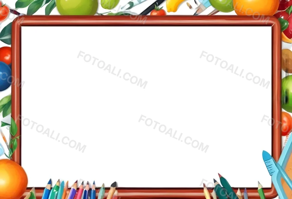 Digital Painting A Frame With Fruits And School Supplies On The Edges Bold And Slim Lines Brush Strokes 5 83cc