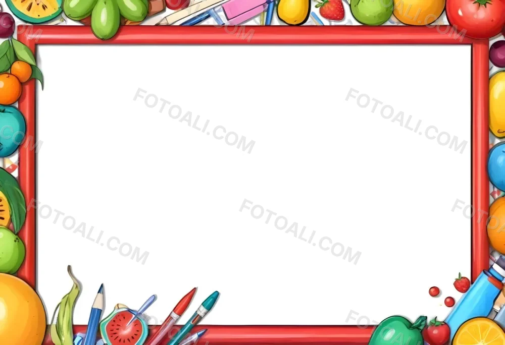 Digital Painting A Frame With Fruits And School Supplies On The Edges Bold And Slim Lines Brush Strokes 7 048f