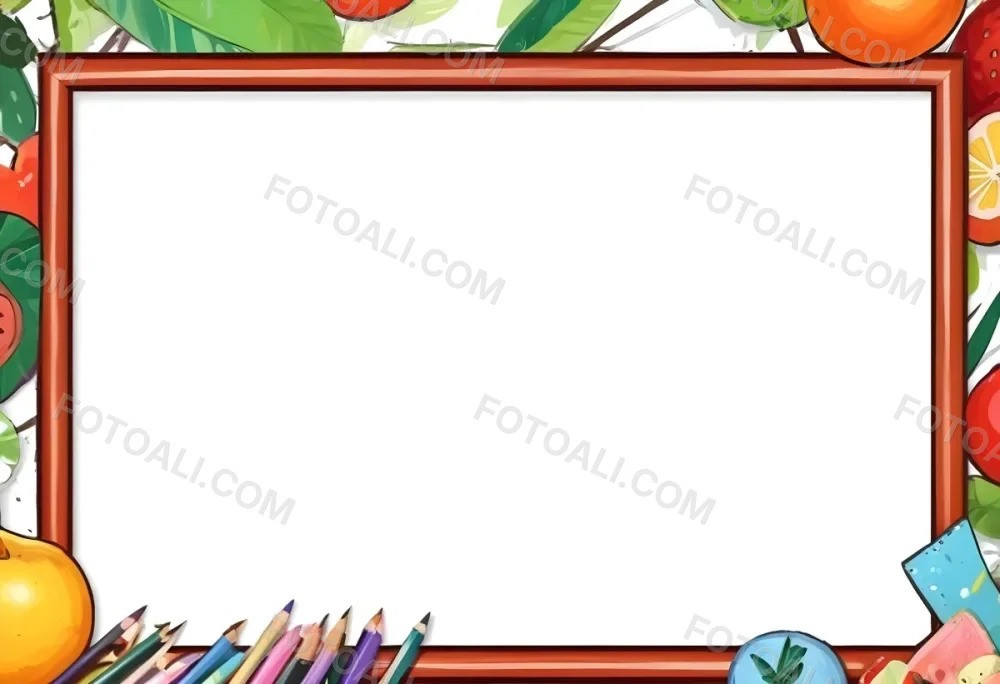 Digital Painting A Frame With Fruits And School Supplies On The Edges Bold And Slim Lines Brush Strokes 9 06dd