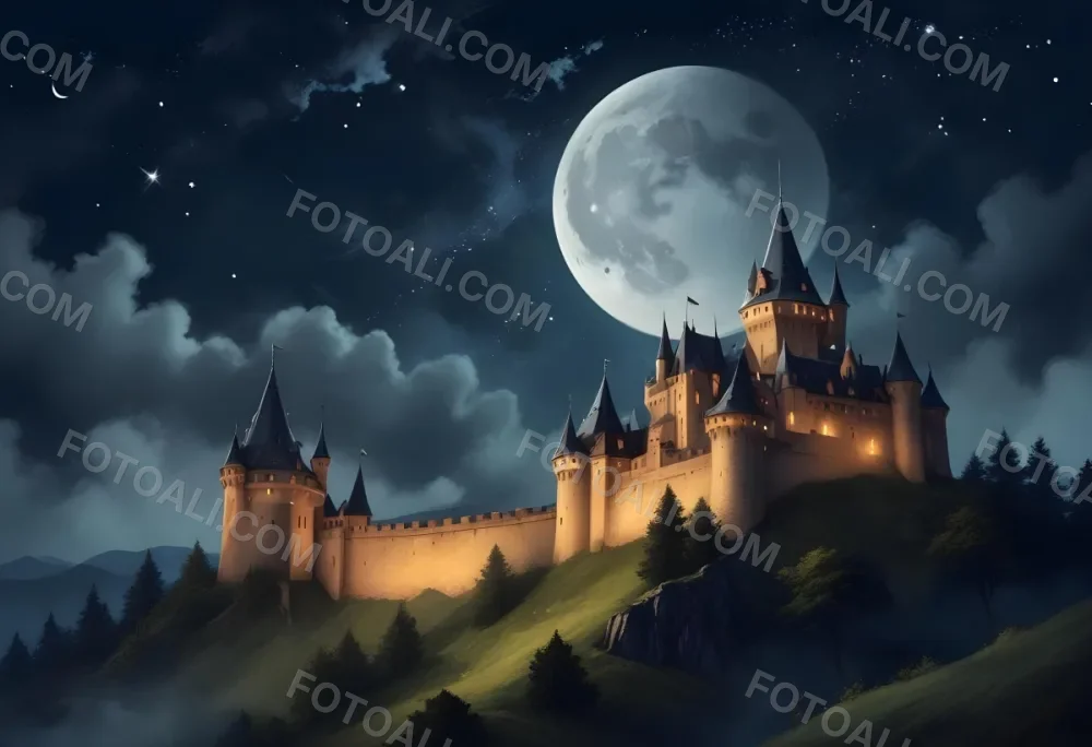 Digital Painting A Giant Crescent Moon Over A Castle On A Hill The Sky Is Cloudy With Stars The Moon Is Textured And Illuminated Dreamy Atmosphere Bold And Slim Lines Brush Strokes 10 6b07