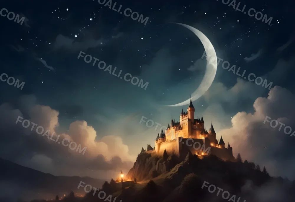 Digital Painting A Giant Crescent Moon Over A Castle On A Hill The Sky Is Cloudy With Stars The Moon Is Textured And Illuminated Dreamy Atmosphere Bold And Slim Lines Brush Strokes 12 A3fc