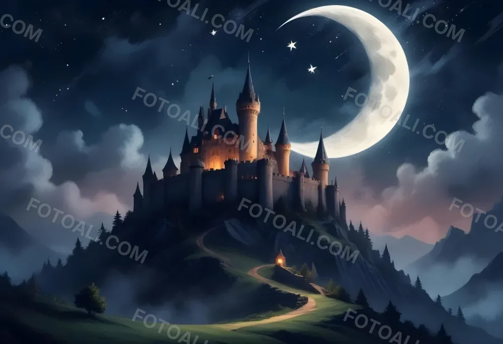 Digital Painting A Giant Crescent Moon Over A Castle On A Hill The Sky Is Cloudy With Stars The Moon Is Textured And Illuminated Dreamy Atmosphere Bold And Slim Lines Brush Strokes 13 102d