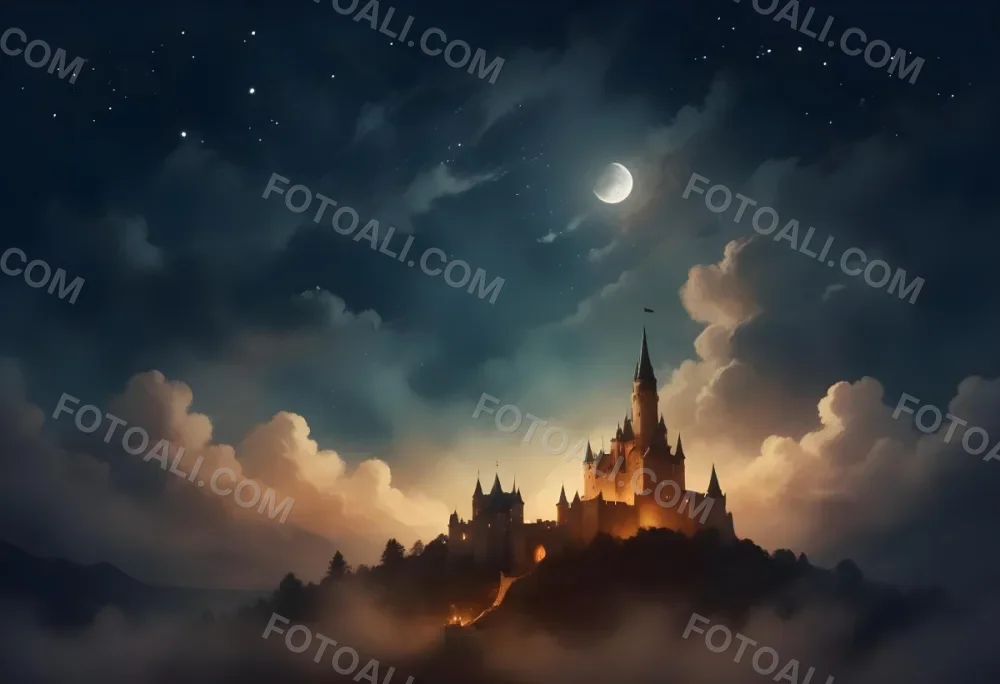 Digital Painting A Giant Crescent Moon Over A Castle On A Hill The Sky Is Cloudy With Stars The Moon Is Textured And Illuminated Dreamy Atmosphere Bold And Slim Lines Brush Strokes 14 F57b