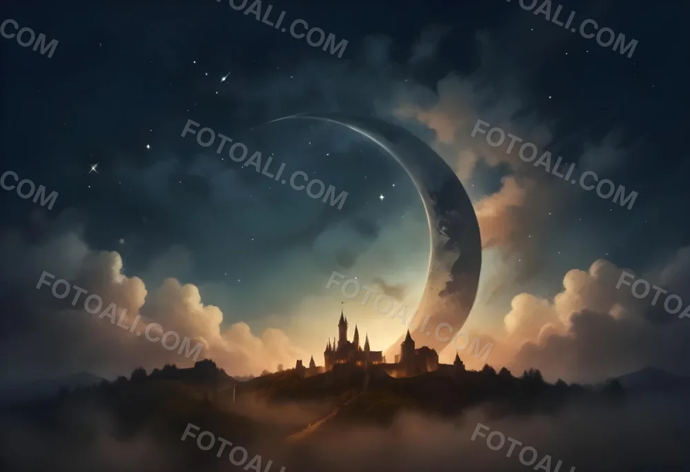 Digital Painting A Giant Crescent Moon Over A Castle On A Hill The Sky Is Cloudy With Stars The Moon Is Textured And Illuminated Dreamy Atmosphere Bold And Slim Lines Brush Strokes 15 E8a5