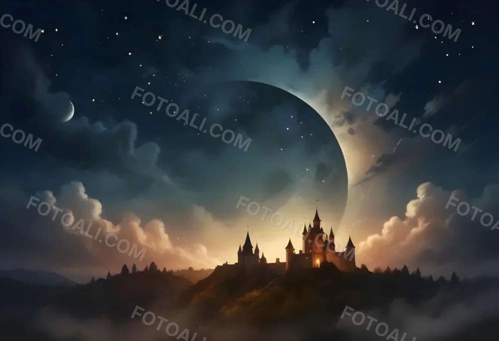 Digital Painting A Giant Crescent Moon Over A Castle On A Hill The Sky Is Cloudy With Stars The Moon Is Textured And Illuminated Dreamy Atmosphere Bold And Slim Lines Brush Strokes 17 52b6