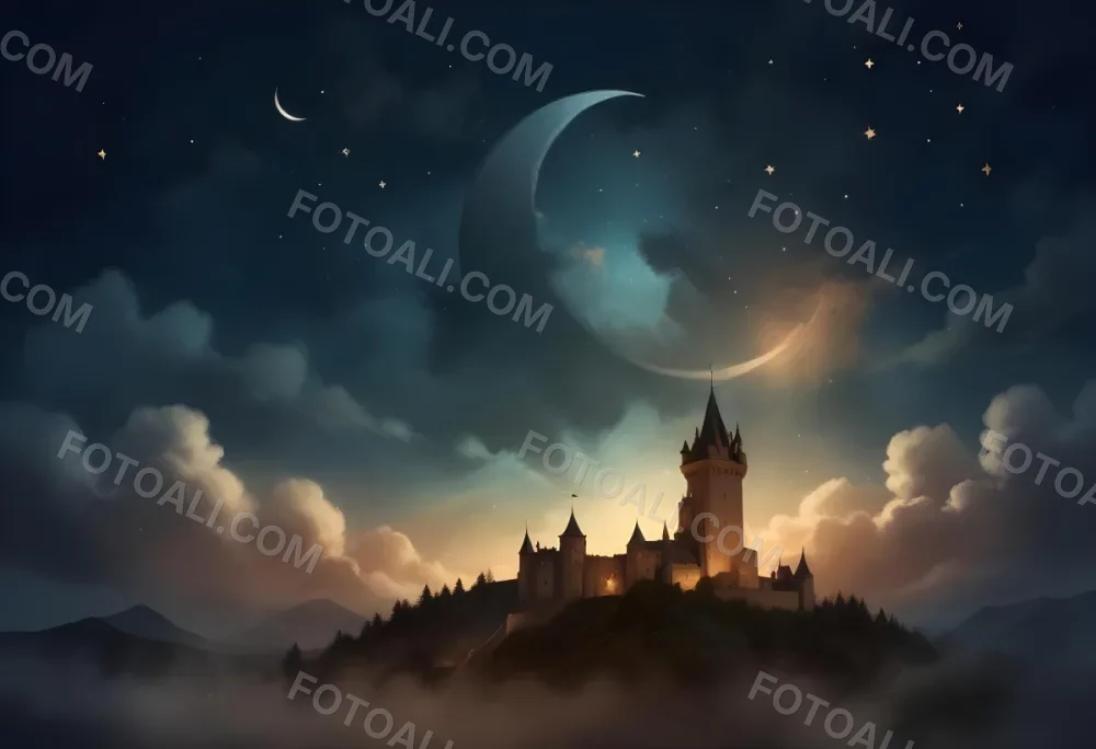Digital Painting A Giant Crescent Moon Over A Castle On A Hill The Sky Is Cloudy With Stars The Moon Is Textured And Illuminated Dreamy Atmosphere Bold And Slim Lines Brush Strokes 18 C928